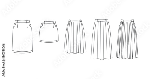 Outline sketch of various women's skirt styles showcasing fashion design