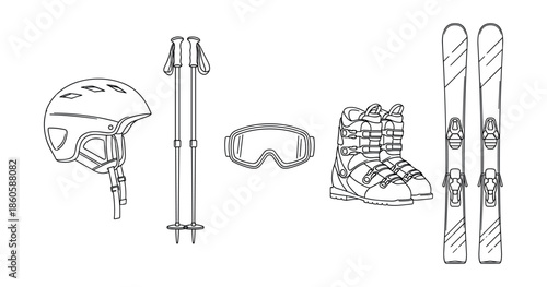 Ski equipment illustration with helmet, poles, goggles, boots, and skis