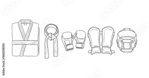 Martial arts gear set: uniform, belt, gloves, shin guards, headgear