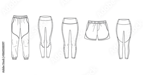 Collection of athletic bottoms: joggers, leggings, shorts in outline style