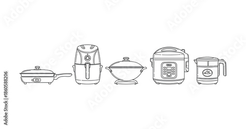 Line art of kitchen appliances: skillet, air fryer, wok, electric pressure cooker, blender