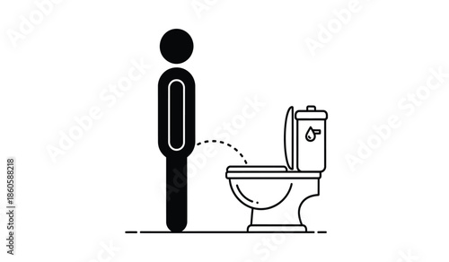 Simple black and white illustration of a man urinating at a toilet
