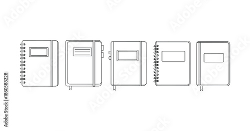 Various notebook designs in black and white line art illustration