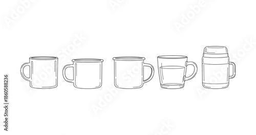 Line art of mugs and thermos in various styles and sizes