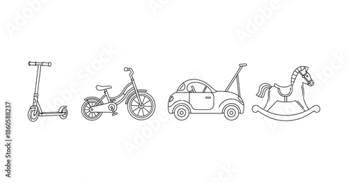 Outline icons of scooter, bicycle, toy car, and rocking horse for kids