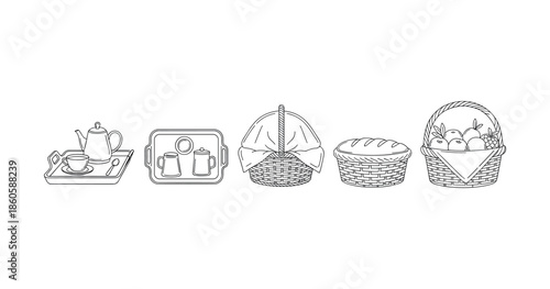 Set of picnic and tea themed line art illustrations on white background