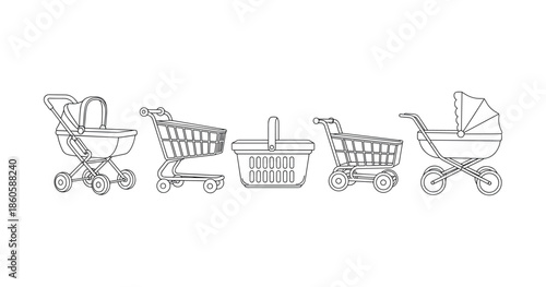 Outline icons of baby strollers and shopping carts in a row