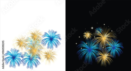 Vibrant fireworks bursts illuminating the sky on both white and dark backgrounds