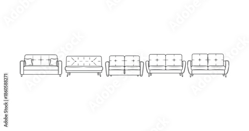 Minimalist line art illustration of modern sofas in various styles