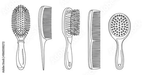 Illustration of various hairbrushes and combs on white background