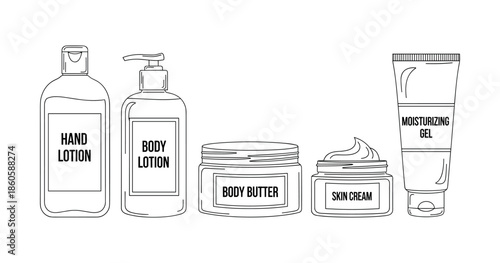 Line art of various body care products: lotion, butter, cream, and gel containers