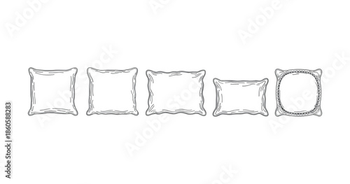 Set of five hand-drawn square and oval decorative pillows in a row