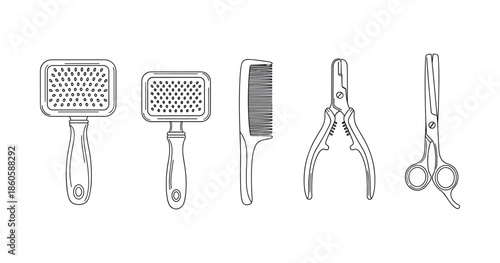 Black and white outline of hairdressing and grooming tools