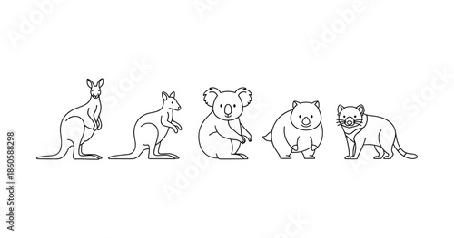 Outline illustrations of australian animals: kangaroo, koala, wombat, tasmanian devil, bilby