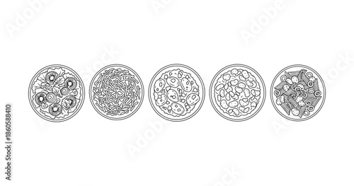 Variety of five pasta dishes in detailed line art illustration
