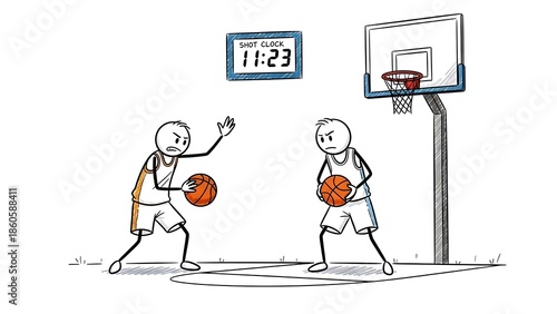 Two stick figures playing basketball on a court with a scoreboard.