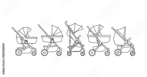 Line art strollers: various baby carriage designs in black and white
