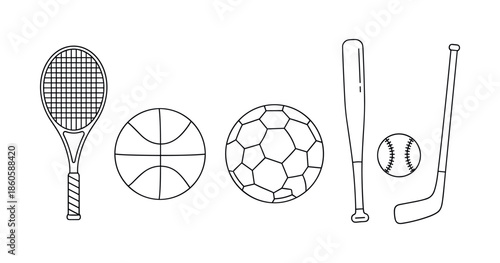 Line art of sports equipment: tennis, basketball, soccer, baseball, hockey