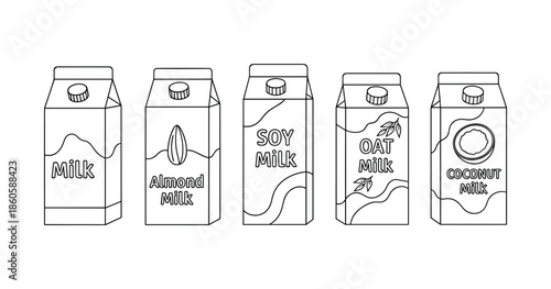 Various types of milk cartons: regular, almond, soy, oat, coconut