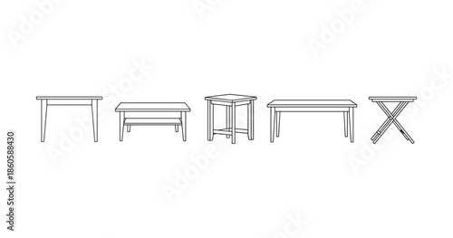 Variety of tables: simple line art of five different table styles