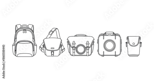 Line art of various stylish bags: backpack, satchel, messenger, suitcase, pouch