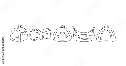 Set of black and white pet bed line drawings for cats and small animals