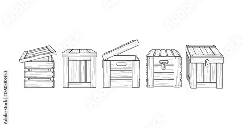 Set of wooden storage boxes and crates with lids on white background
