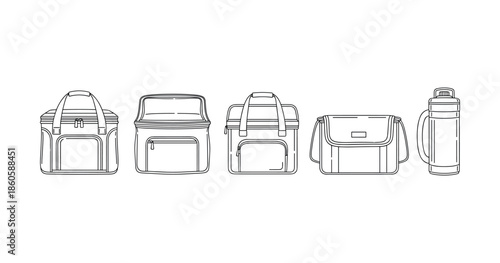 Collection of bag and bottle line illustrations in minimalist design