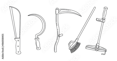 Line art of farm tools: machete, sickle, scythe, brush cutter, clamp