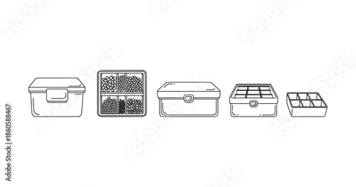 Vector icons of storage boxes with dividers for organizing items