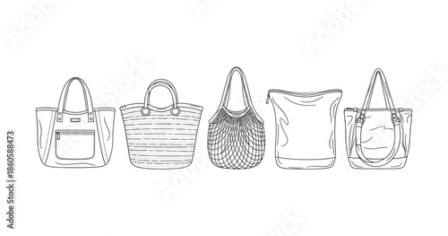 Collection of stylish handbags in black and white line art illustration