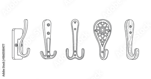 Variety of decorative wall hooks in black and white line art style