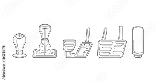 Illustration of car gear shifts and pedals in black and white line art