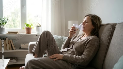 A woman on a sofa uses a nebulizer in a bright living room. 