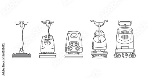 Line art of various floor cleaning machines illustrated in front view