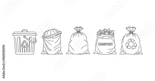 Line art of waste: bin and bags for trash, compost, and recycling