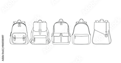 Outline of five stylish backpack designs on white background