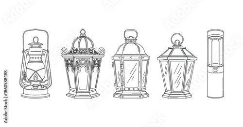 Line art illustration of various vintage and modern lanterns on white background