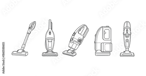 Set of five handheld vacuum cleaner outlines on white background