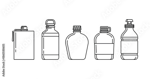 Outline illustrations of five unique beverage bottles in various shapes and lids