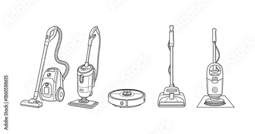 Line art illustrations of various vacuum cleaner types with detailed designs