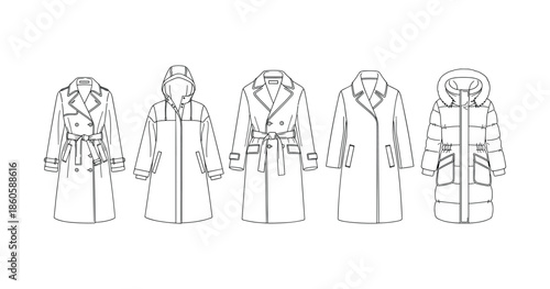 Line art collection of diverse coats featuring trench and hooded styles