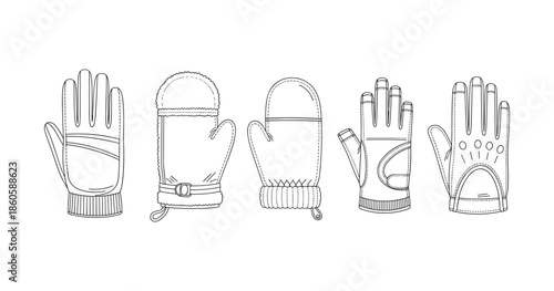 Line art illustration of various glove styles with different designs