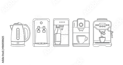 Set of kitchen appliance line drawings: kettle, water cooler, coffee machine