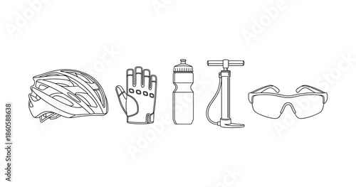 Cycling gear essentials: helmet, gloves, water bottle, pump, sunglasses