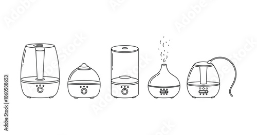 Line drawing of household humidifiers in various designs