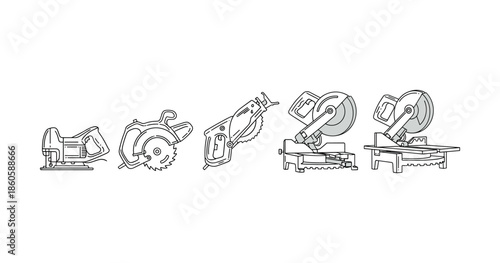 Outline sketch of various power saws for woodworking and construction projects