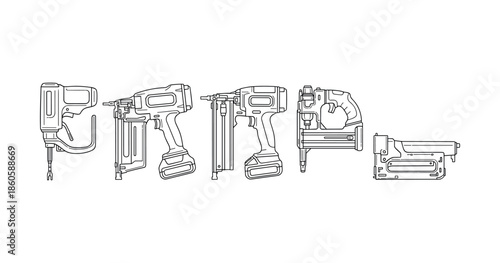 Collection of power tools: nail guns and staplers in outline design