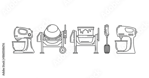 Mixer and blender line art: kitchen and construction equipment