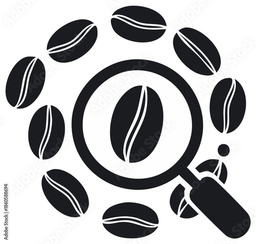 Coffee bean selection inspection with magnifying glass and scattered beans